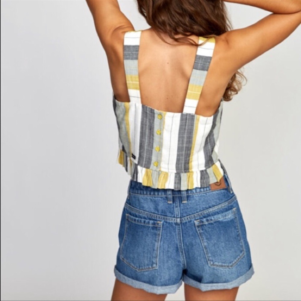 RVCA Striped Crop Top Womens Yellow Grey White Button Back Ruffle Hem Tank (958) - Picture 2 of 12